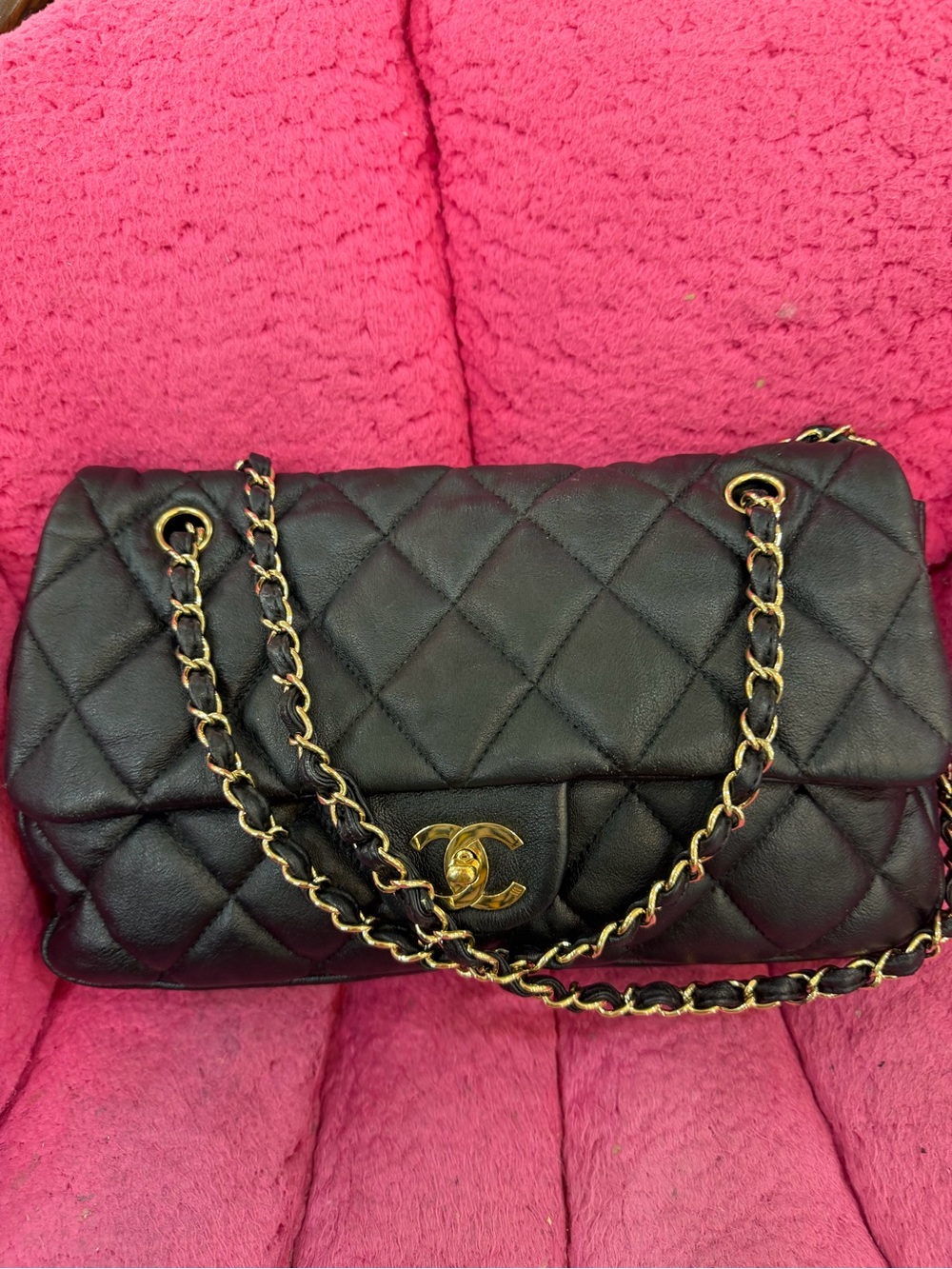CHANEL Black Quilted Lambskin Shoulder Bag with Gold Hardware